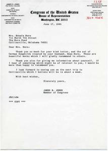 Correspondence from Congressman James R. Jones in reply to Mrs. Renata Horn, 1985-06-17